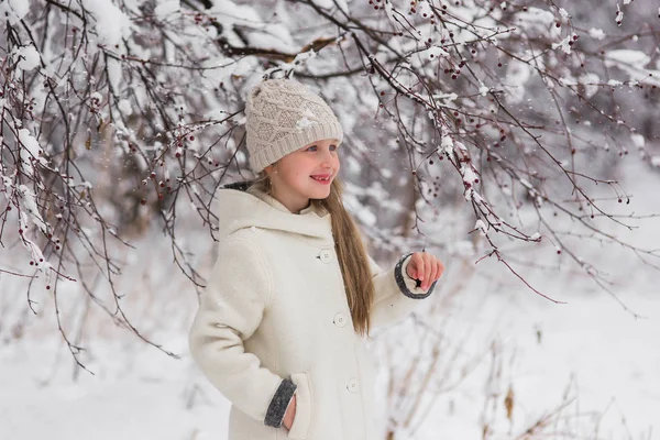 森の中に雪の日にかわいい微笑の女の子の肖像画 — ストック写真