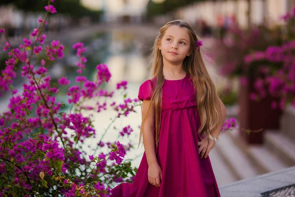 花ライラックの茂みの背景に長い髪のかわいい夢を見る少女の肖像画 — ストック写真