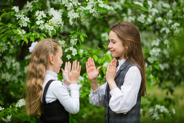 Маленькие Девочки Стильной Школьной Форме Играют Свежем Воздухе Цветущем Яблочном — стоковое фото