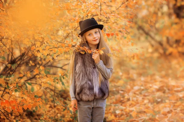 帽子をかぶったかわいい女の子の秋の肖像画 女の子8歳は秋の公園で散歩 — ストック写真
