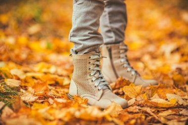 Sonbahar. Kız parkta yürüyor. sonbahar yaprakları ayakkabı. Sonbahar parkında yürüyün. Yaşam tarzı.
