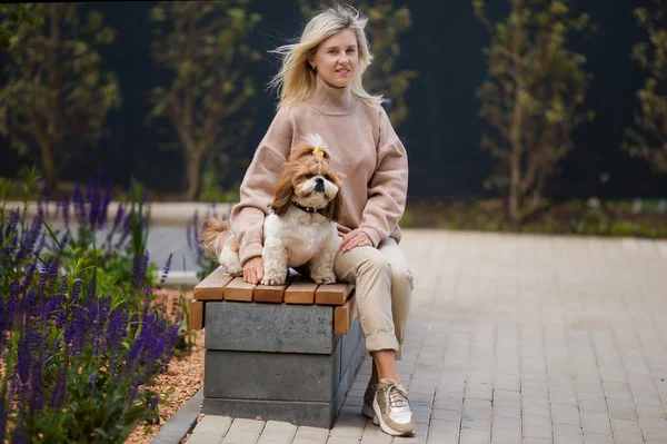 Portret Van Een Mooie Vrouw Met Een Leuke Shih Tzu — Stockfoto