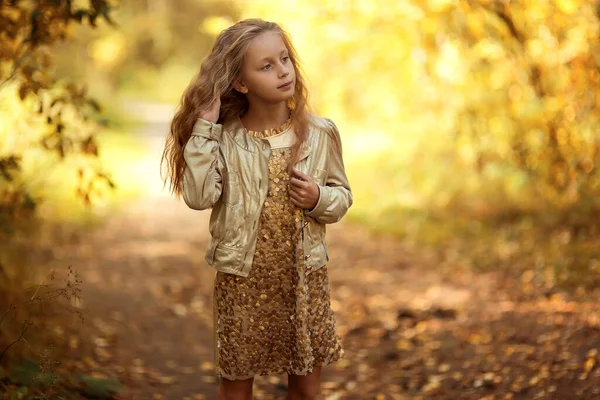 秋の肖像画のかわいい笑顔の女の子子供で葉で公園の屋外のクローズアップ — ストック写真