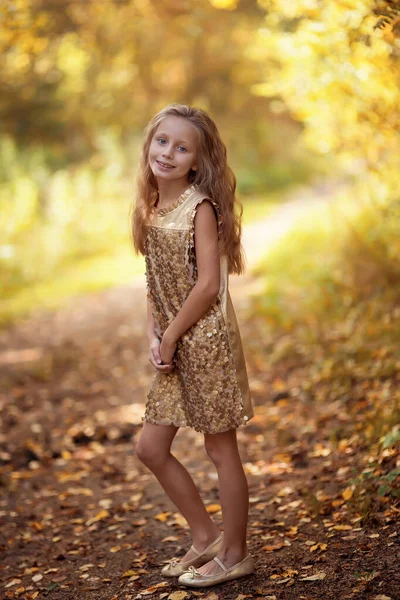 秋の肖像画のかわいい笑顔の女の子子供で葉で公園の屋外のクローズアップ — ストック写真