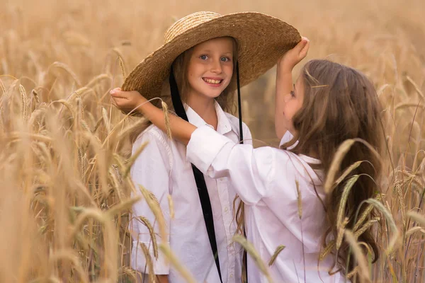 Linda Niñas Hermanas Con Pelo Rubio Campo Verano Atardecer Vestidos — Foto de Stock