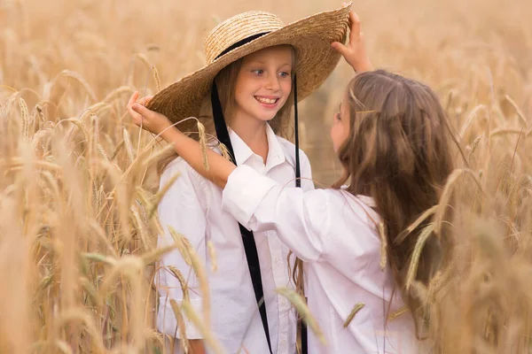 Linda Niñas Hermanas Con Pelo Rubio Campo Verano Atardecer Vestidos — Foto de Stock