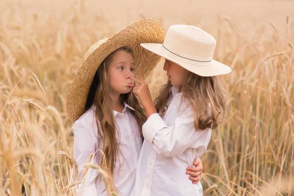 Linda Niñas Hermanas Con Pelo Rubio Campo Verano Atardecer Vestidos —  Fotos de Stock