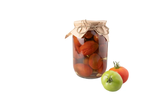 Homemade Preparations Winter Tomatoes Glass Jar Tomatoes White Background — Stock Photo, Image