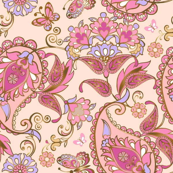 Fantastico Ornamento Floreale Rosa Senza Cuciture Con Paisley Carta Parati — Vettoriale Stock