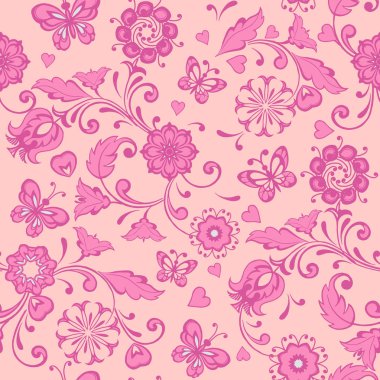 Kelebekler ve kalpleri ile pembe çiçek desenli. Çiçek duvar kağıdı. Dekoratif süsleme kumaş, tekstil, kağıt ambalaj için.