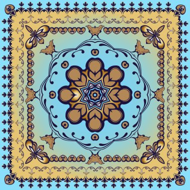 Süslü dantel çerçeve ile geometrik çiçek desenli. Güzel vektör desen. Tasarım kullanılan kart, bandana baskı, atkı tasarımı, peçete.