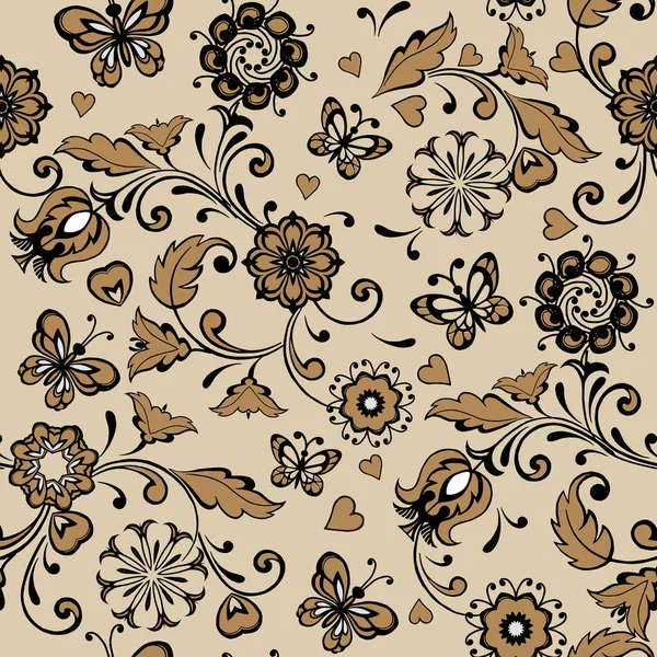 Motif Floral Sans Couture Avec Des Papillons Des Cœurs Dorés — Image vectorielle