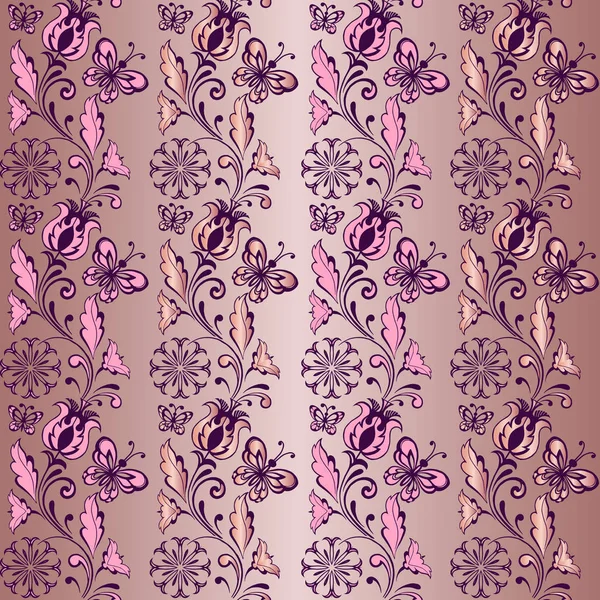 Полосатый Цветочный Бесшовный Узор Бабочками Розовом Декоративный Декоративный Фон Ткани — стоковый вектор
