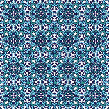 Etnik sorunsuz doodle desen mavi renklerde. Dekoratif süsleme kumaş, tekstil, kağıt ambalaj için zemin. Vektör çizim.