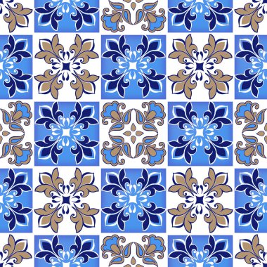 Fas, Portekiz fayans kahverengi ve mavi renklerde koleksiyonu sorunsuz patchwork desen. Dekoratif süsleme kullanılan duvar kağıdı, fon, kumaş, tekstil, kağıt ambalaj.
