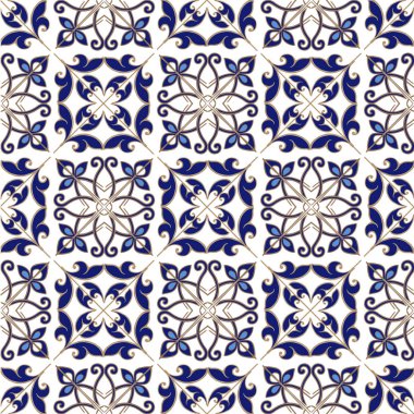 Fas, Portekiz fayans kahverengi ve mavi renklerde koleksiyonu sorunsuz patchwork desen. Dekoratif süsleme kullanılan duvar kağıdı, fon, kumaş, tekstil, kağıt ambalaj.