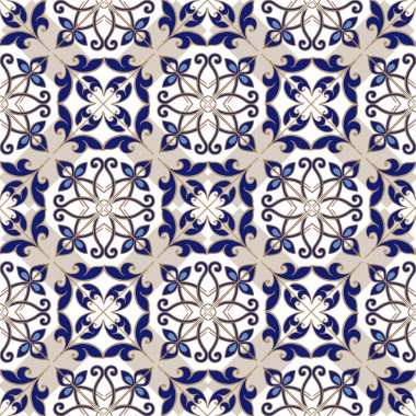 Fas, Portekiz fayans kahverengi ve mavi renklerde koleksiyonu sorunsuz patchwork desen. Dekoratif süsleme kullanılan duvar kağıdı, fon, kumaş, tekstil, kağıt ambalaj.