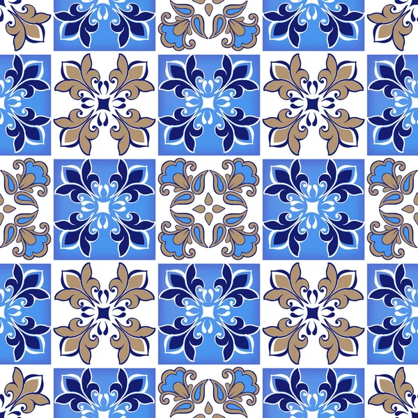 Коллекция Плавно Лоскутной Рисунок Марокканской Португальской Плитки Синем Коричневом Цветах — стоковый вектор