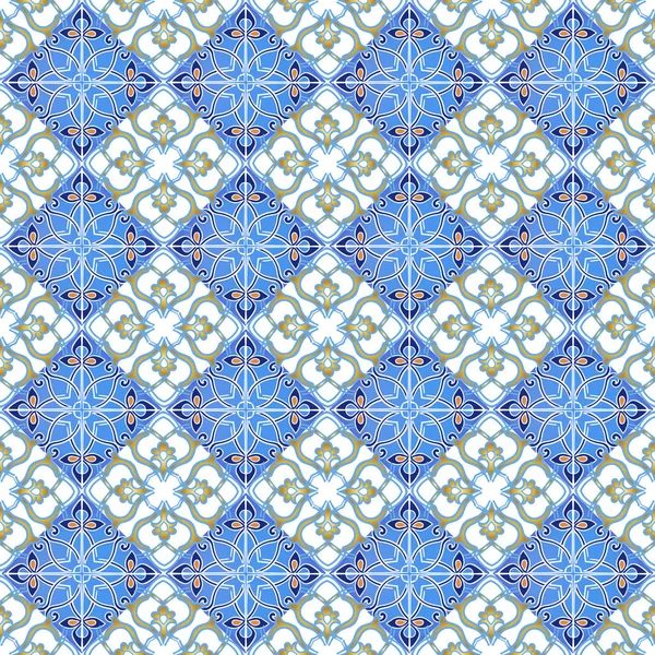 Collection Seamless Patchwork Pattern Moroccan Portuguese Tiles Blue Brown Colors — Stock Vector