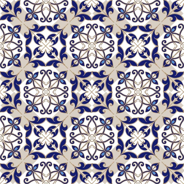 Коллекция Плавно Лоскутной Рисунок Марокканской Португальской Плитки Синем Коричневом Цветах — стоковый вектор