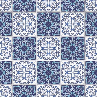 Fas, Portekiz fayans mavi renklerde koleksiyonu sorunsuz patchwork desen. Dekoratif süsleme kullanılan duvar kağıdı, fon, kumaş, tekstil, kağıt ambalaj.