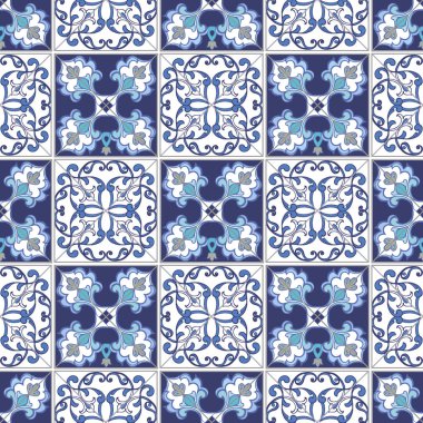 Fas, Portekiz fayans mavi renklerde koleksiyonu sorunsuz patchwork desen. Dekoratif süsleme kullanılan duvar kağıdı, fon, kumaş, tekstil, kağıt ambalaj.