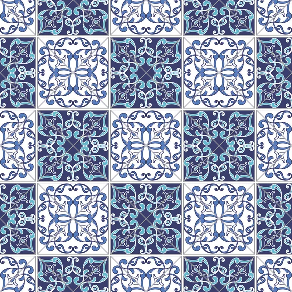 Коллекция Плавной Лоскутной Ткани Марокканской Португальской Плитки Синих Цветах Декоративный — стоковый вектор
