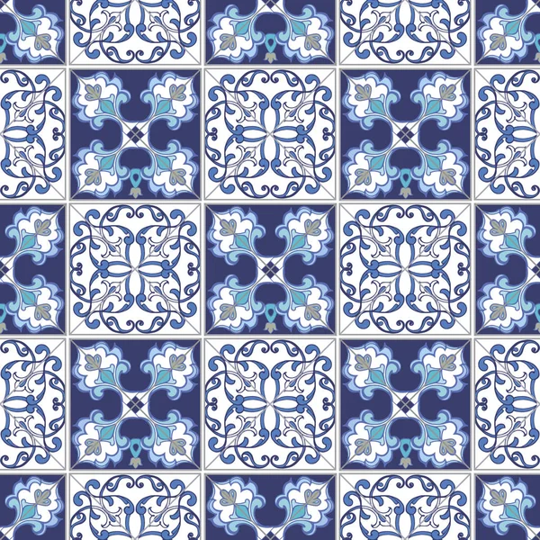 Collection Motif Patchwork Sans Couture Tuiles Marocaines Portugaises Couleurs Bleues — Image vectorielle