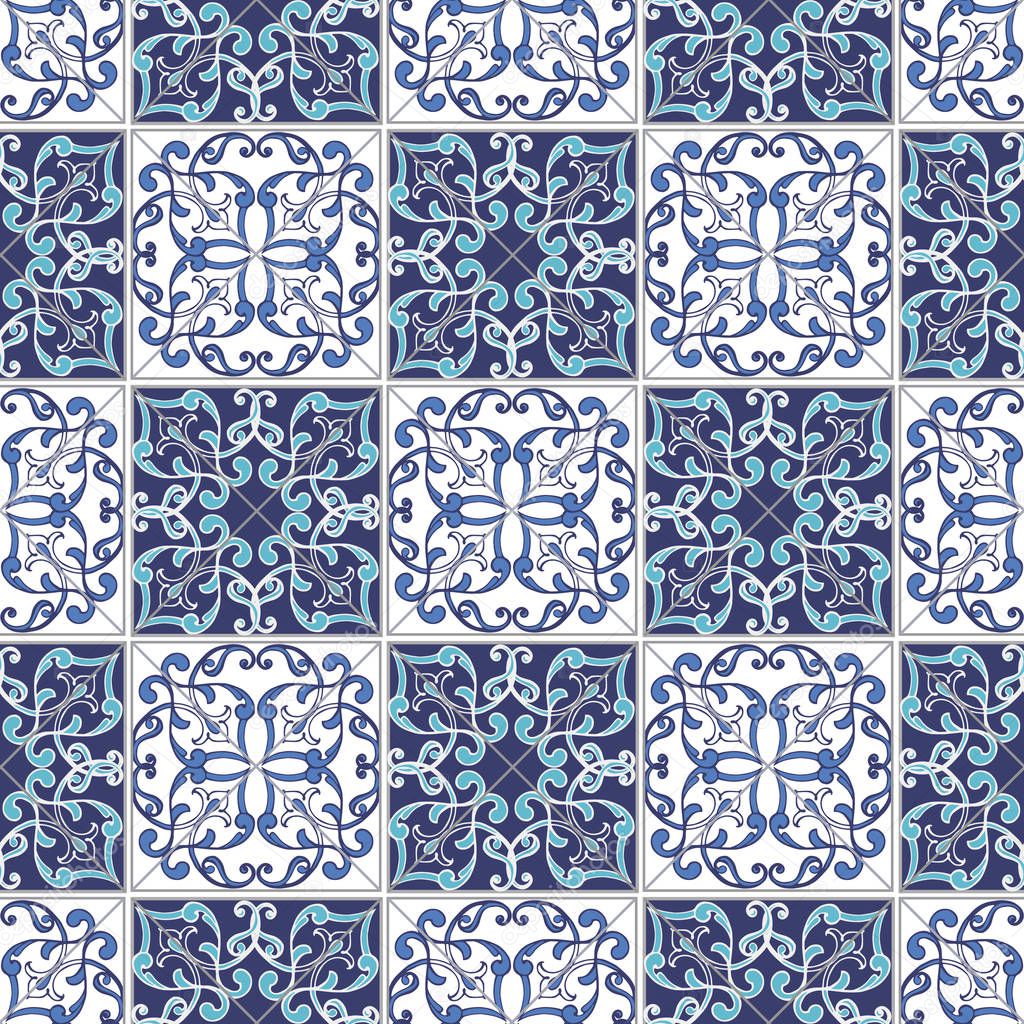 Collection seamless patchwork pattern from Moroccan ,Portuguese tiles in blue colors. Decorative ornament can be used for wallpaper, backdrop, fabric, textile, wrapping paper.