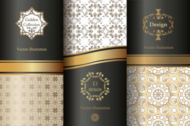 Tasarım öğeleri, etiket, simge, paketleme, lüks ürünlerinin çerçeveler, topluluğu. Altın folyo ile yaptı. Altın vintage tasarım öğeleri. Zarif dekoratif süs duvar kağıdı, kumaş için