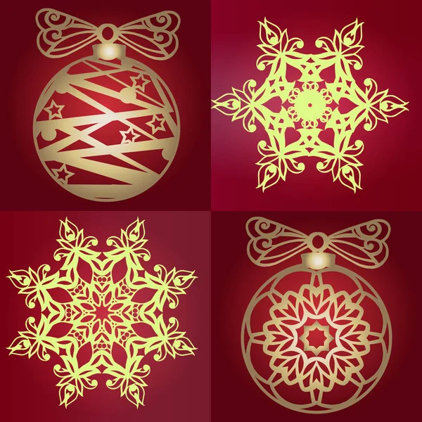 Set Openwork Gold Christmas Decorations Christmas Set Snowflakes Christmas Toys — Stock Vector