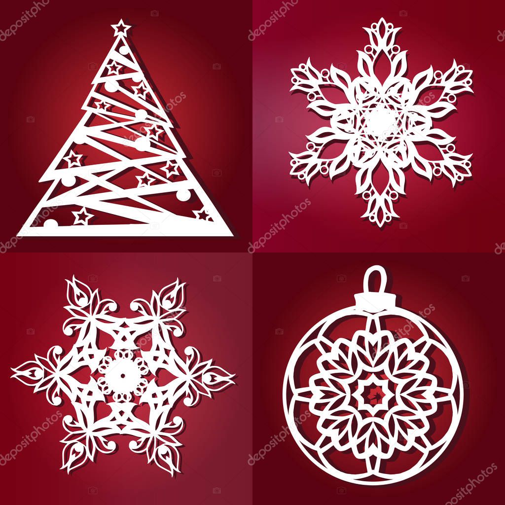 Set of openwork Gold Christmas decorations. Christmas set of snowflakes and Christmas toys for laser cutting . Christmas decorations for wood carving,