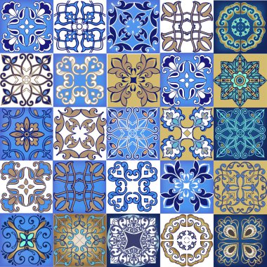 Koleksiyon sorunsuz patchwork desen döşemelerini Fas'tan, Portekiz mavi renklerde. Dekoratif süsleme kullanılan duvar kağıdı, fon, kumaş, tekstil, kağıt ambalaj.
