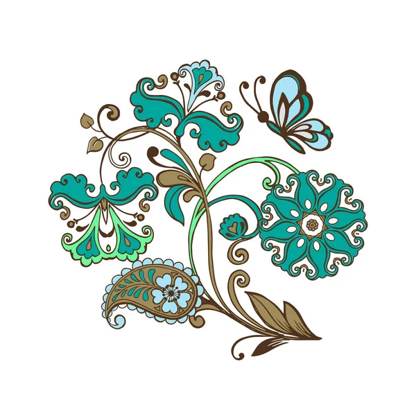 Reich Verziertes Ornament Mit Fantastischen Blumen Mit Paisley Und Schmetterlingen — Stockvektor