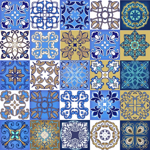 Collection Carreaux Motifs Patchwork Sans Couture Maroc Portugal Couleurs Bleues — Image vectorielle