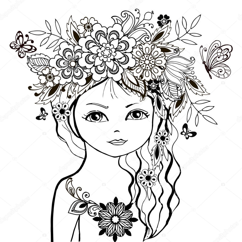 Girl with a wreath of flowers for an anti-stress coloring page. Vector hand drawn illustration woman with floral for adult coloring book.