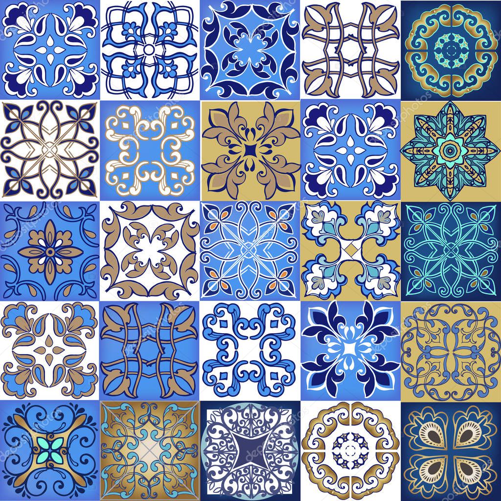 Collection seamless patchwork pattern tiles from Morocco, Portugal in blue colors. Decorative ornament can be used for wallpaper, backdrop, fabric, textile, wrapping paper.