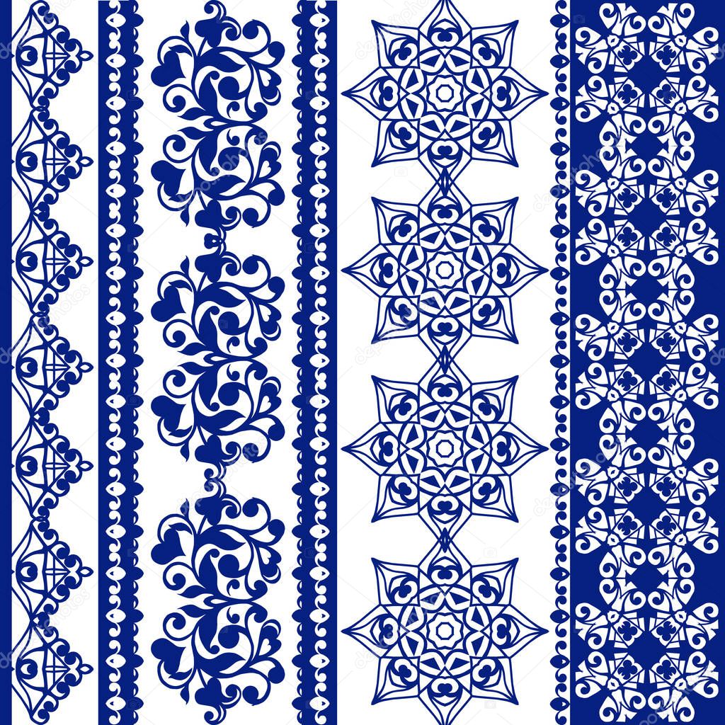 Set of Lace Seamless Borders. Vector seamless border with decorative ethnic elements. Decorative ornament for fabric, textile, wrapping paper.