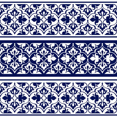 Sorunsuz etnik çiçek geometrik sınır. Geleneksel oryantal süs. Indigo sorunsuz etnik çiçek desenli. Dekoratif süsleme kumaş, tekstil, kağıt ambalaj için.