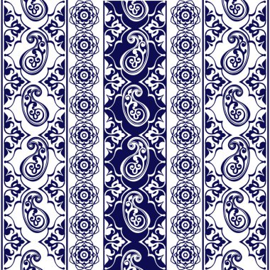 Dantel bohem sorunsuz kenarlık kümesi. Çizgili mavi çiçek motifleri, güller, Paisleys. Kumaş, tekstil, kağıt ambalaj için Dekoratif süsleme zemin.
