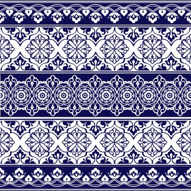 Sorunsuz etnik çiçek geometrik sınır. Çizgili mavi çiçek motifleri, Paisleys ile. Kumaş, tekstil, kağıt ambalaj için dekoratif süsleme zemin.