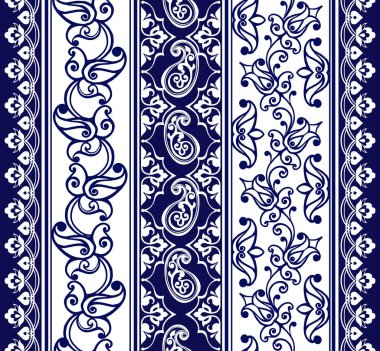 Paisley ile Doğu kesintisiz kenarlıklar topluluğu. Çizgili mavi çiçek motifleri, Paisleys ile. Kumaş, tekstil, kağıt ambalaj için dekoratif süsleme zemin.