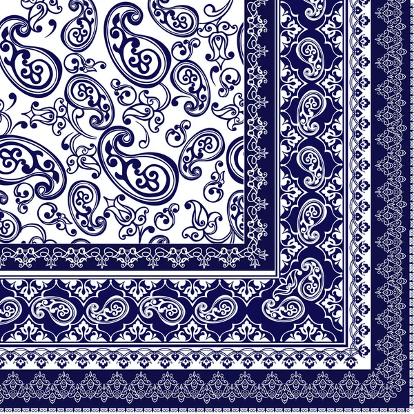 İndigo boya yazdırılan geleneksel desenli desene. Vektör süsleme desenli Bandana baskı, kumaş üzerine baskı için kare desen tasarım stil.