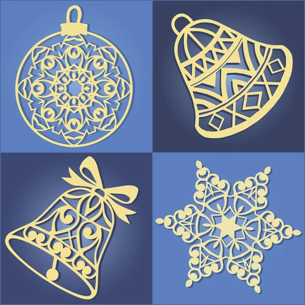 Ajur Noel süsleri kümesi. Lazer kağıt Noel çan kesti. Noel süslemeleri için Ahşap oyma, kağıt kesme.