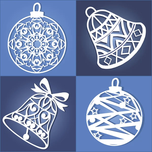 Ajur Noel süsleri kümesi. Lazer kağıt Noel çan kesti. Noel süslemeleri için Ahşap oyma, kağıt kesme.