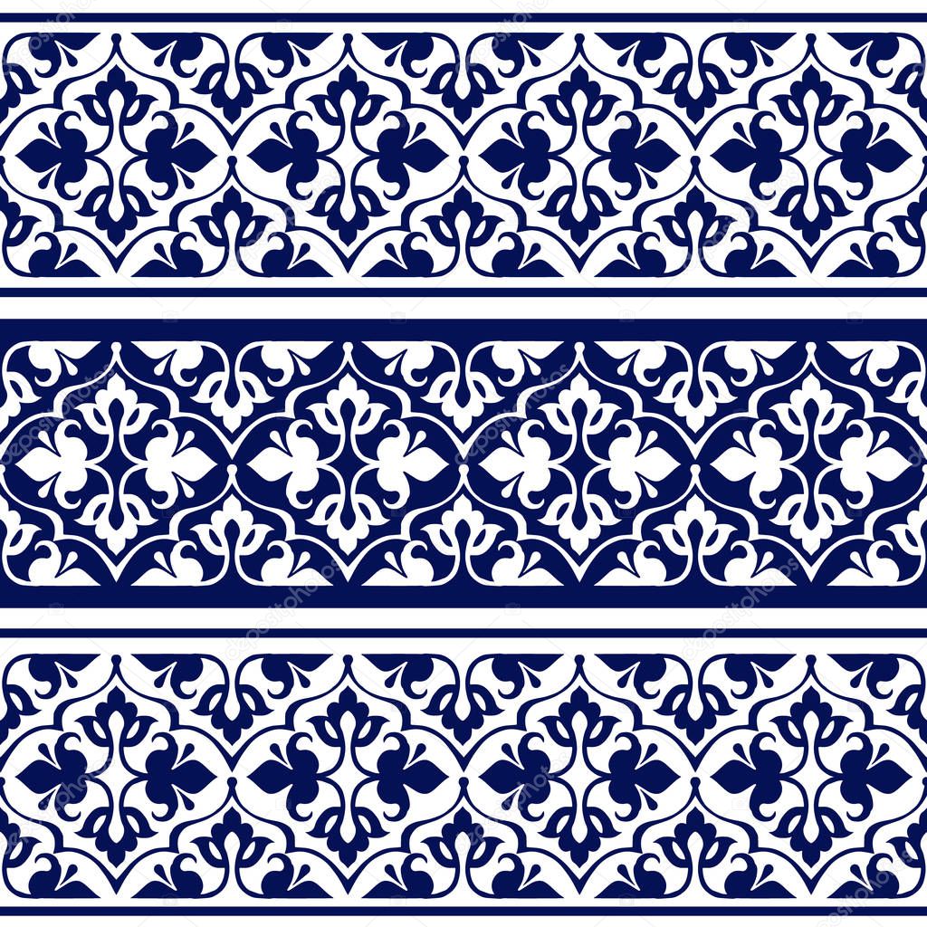 Seamless ethnic floral geometric border. Traditional oriental ornament. Indigo seamless ethnic floral pattern. Decorative ornament for fabric, textile, wrapping paper.