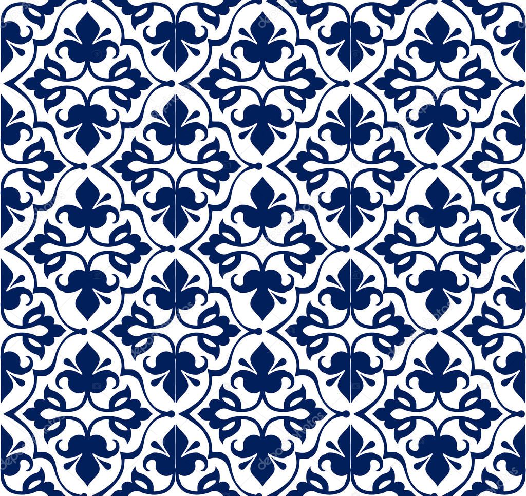 Printed indigo dye,seamless ethnic floral geometric pattern. Traditional oriental ornament. Decorative ornament backdrop for fabric, textile, wrapping paper.