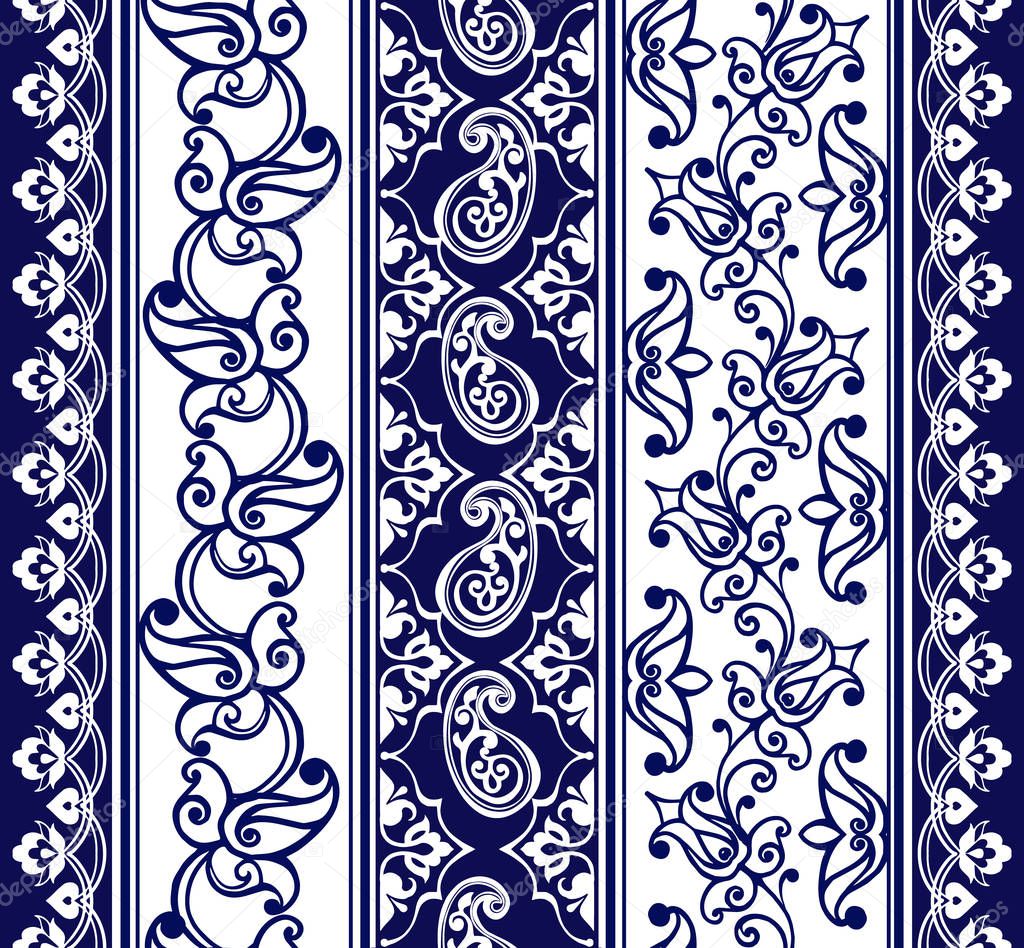 Collection of Eastern seamless borders with paisley. Stripes with Blue Floral Motifs, Paisleys. Decorative ornament backdrop for fabric, textile, wrapping paper.