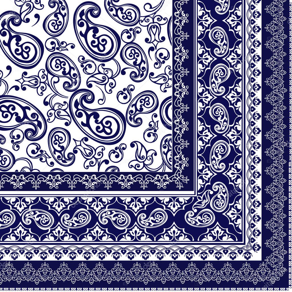 Indigo dye printed traditional paisley pattern. Vector ornament paisley Bandana Print, square pattern design style for print on fabric.