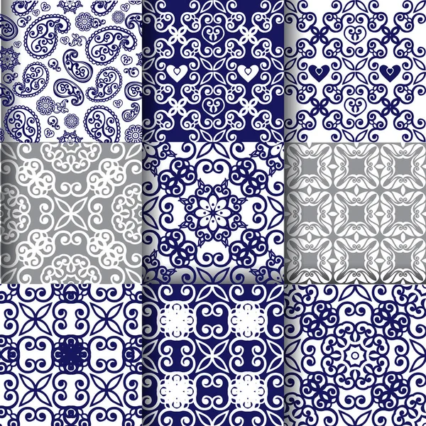 Collection Ornements Orientaux Sans Couture Couleur Indigo — Image vectorielle